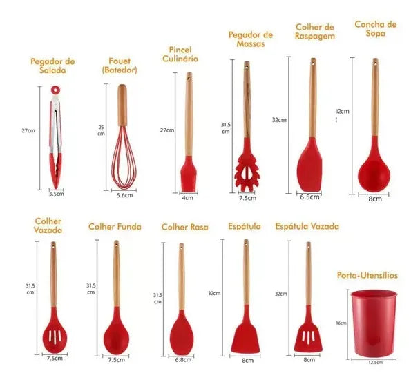 Kit 12 Utensílios de Silicone Antiaderente mais um Porta Utensílios