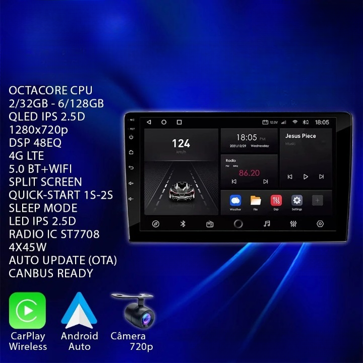 Central Multimídia NAVPRO, Octacore Pro, UNIVERSAL, Tela QLED IPS + Câmera Grátis